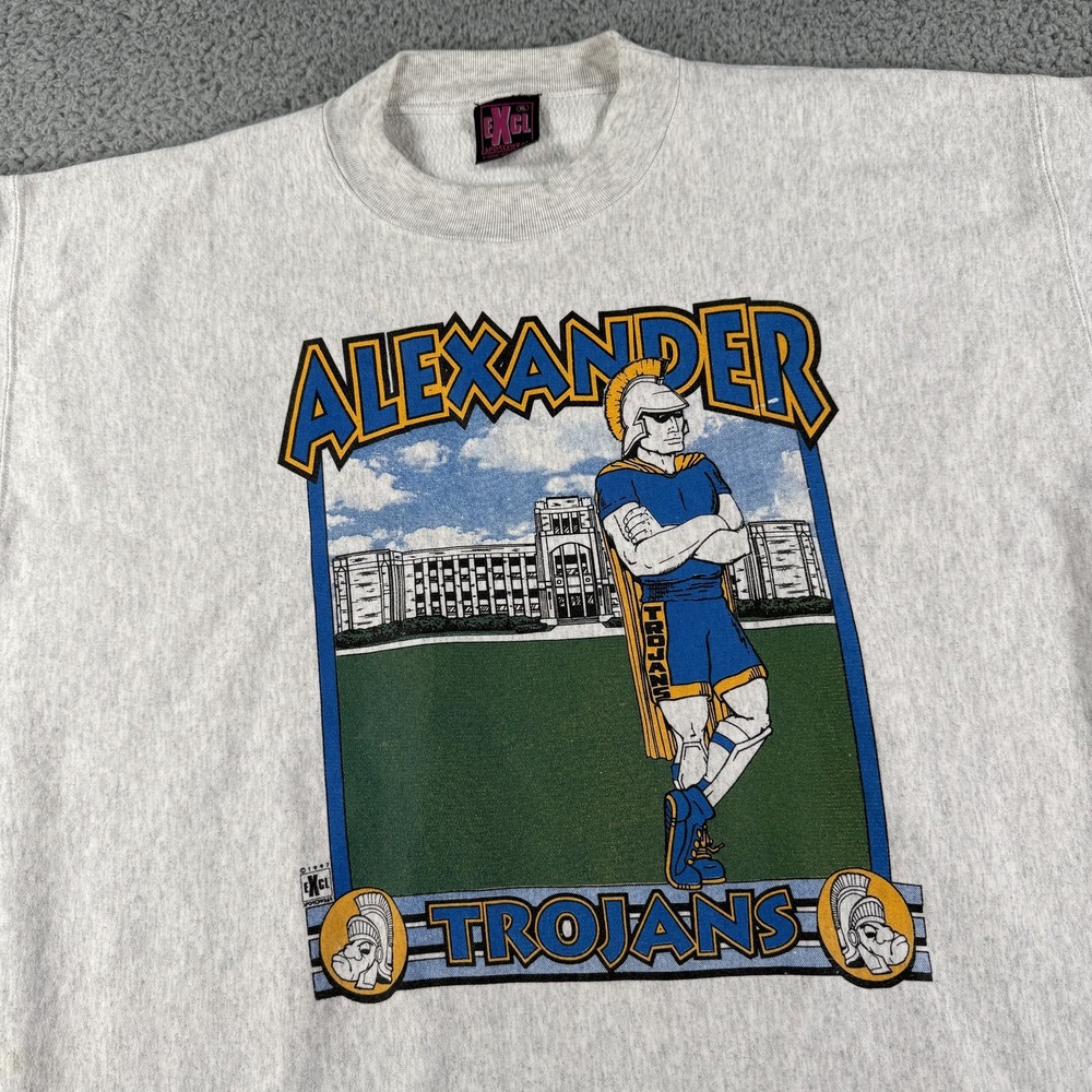 Vintage Alexander Trojans Sweatshirt Crewneck Mens XL Gray School Mascot 90s